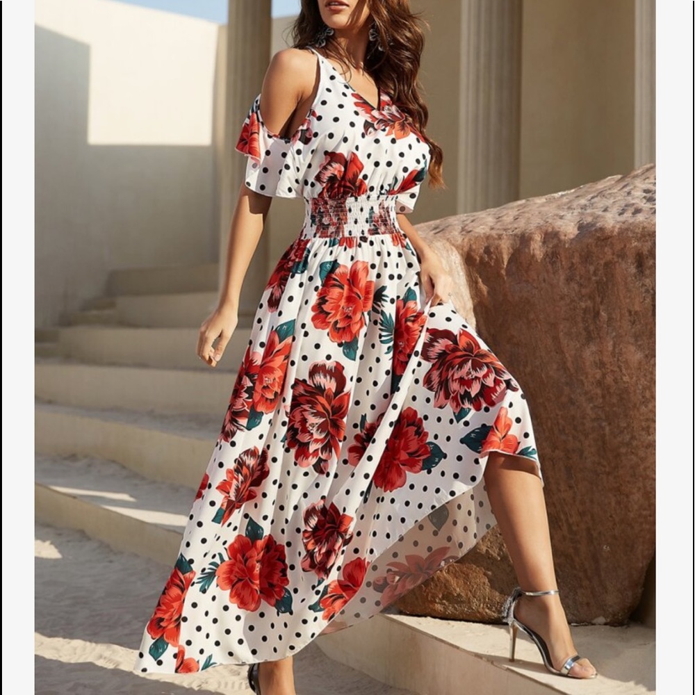Polka Dot Floral Print Cold Shoulder Shirred Backless Cottagecore Maxi Dress - Picture 9 of 11